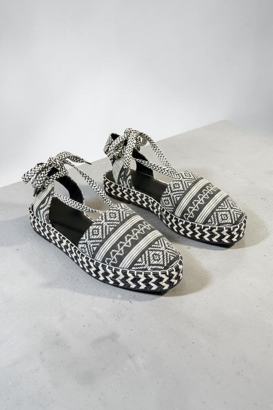 ASOS Black White Woven Ankle Tie Platform Flats Size 8